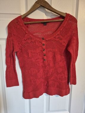 American Eagle Crochet Knit Button-Front Sweater - Rust Orange